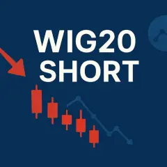 WIG20 SHORT. Wykres świecowy i liniowy wskazują na spadki. Czerwona strzałka podkreśla negatywny trend. Komentarze dotyczące WIG20 mogą być pesymistyczne.