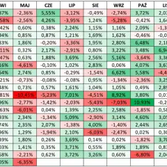 Tabela wyników inwestycyjnych pokazuje, jak spekulować na giełdzie, prezentując miesięczne zwroty od 1999 do 2019 roku.