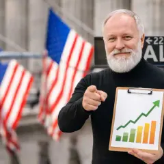Starszy pan z Wall Street pokazuje wykres wzrostu, zachęcając do inwestowania dla początkujących.