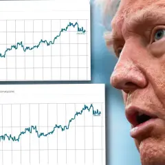 Wykresy WIG i WIG20 pokazują wzrosty na giełdzie, podczas gdy twarz mężczyzny wyraża zaskoczenie.