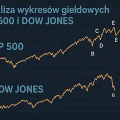 Giełda amerykańska prognozy: wykresy SP 500 i Dow Jones pokazują zmienność. Analiza punktów B, C, D, E i e.