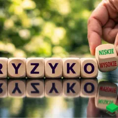 Kostki z napisem "RYZYKO" i kostka z opcjami "NISKIE" / "WYSOKIE" symbolizują transparentność co to, czyli jasność w ocenie ryzyka.