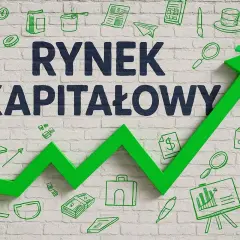 Zielona strzałka rosnąca na tle ceglanego muru z rysunkami symbolizującymi rynek kapitałowy: pieniądze, wykresy, laptop.