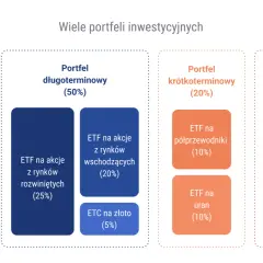 Schemat portfeli inwestycyjnych: finansowy, długoterminowy (ETF na akcje, ETC na złoto), krótkoterminowy (ETF na półprzewodniki, ETF na uran) i spekulacyjny (Bitcoin, CFD na ropę). W jakie kryptowaluty inwestować długoterminowo? Bitcoin.