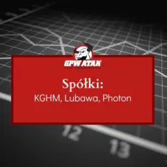 Analiza akcji Lubawa, KGHM i Photon. Wykresy giełdowe w tle.
