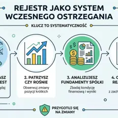 Schemat analizy pozycji krótkich: sprawdź short interest, obserwuj jego wzrost, analizuj fundamenty spółki i reakcję kursu.
