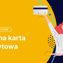Kobieta z rudymi włosami trzyma w górze kartę kredytową. Napis "Czarna karta kredytowa" na żółtym tle.