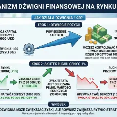 Lewar giełda: 1000 USD depozytu z dźwignią 1:30 daje ekspozycję 30 000 USD. Ruch o 1% to 300 USD zysku lub straty, czyli 30% depozytu.