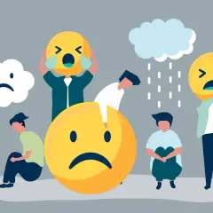 Ludzie z wielkimi, smutnymi emotikonami symbolizują trudności w kontroli emocji. Deszcz i chmury podkreślają przygnębienie.