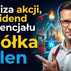 Analiza akcji, dywidend i potencjału spółki Orlen. Mężczyzna w okularach wskazuje na wykres wzrostu i rafinerię.