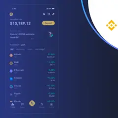 Aplikacja Binance pokazuje saldo 10 789,12 USD i listę kryptowalut, w tym Bitcoin. Dowiedz się, binance co to jest i jak zacząć inwestować.