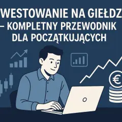 Mężczyzna uczy się inwestowania na giełdzie przy laptopie. Grafiki pokazują wzrosty i monety euro.