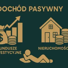 Grafika przedstawia sposoby na przychód pasywny: fundusze inwestycyjne i nieruchomości. W tle leżąca postać symbolizuje relaks.