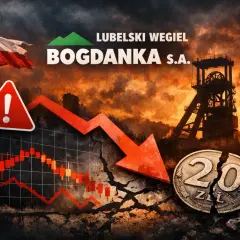Kurs LWB w dół, złamana moneta 20 zł, ostrzeżenie i flaga Polski na tle kopalni Bogdanka.
