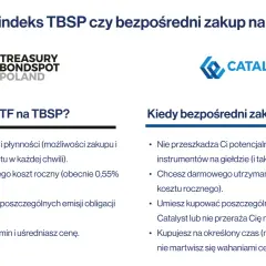 Porównanie ETF-ów na indeks TBSP z bezpośrednim zakupem obligacji na Catalyst. Wybierz ETF, gdy cenisz prostotę i płynność, a Catalyst, gdy chcesz uniknąć kosztów rocznych.