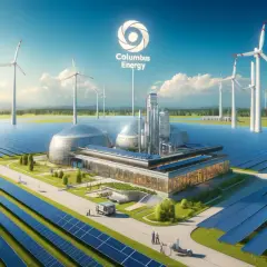 Nowoczesna farma wiatrowa i słoneczna Columbus Energy. Drony i pracownicy nadzorują instalacje.