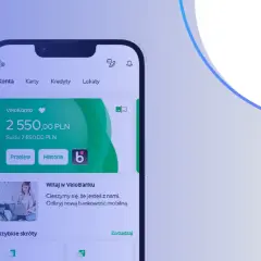 Aplikacja mobilna VeloBanku z saldem 2550 PLN. Widok konta, przelewu i historii.