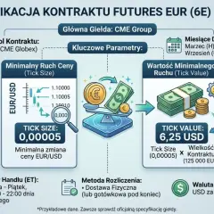 Specyfikacja kontraktu futures EUR (6E) na CME: kluczowe parametry, minimalny ruch ceny (tick size) 0,00005 i wartość minimalnego ruchu (tick value) 6,25 USD. To ważny kalendarz makro dla inwestorów.