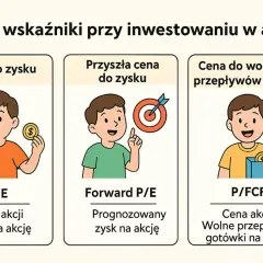 Ilustracja pokazuje wskaźniki inwestycyjne: P/E, Forward P/E i P/FCF. Dzieci trzymają pieniądze, symbolizując pkc, pcr, peg.