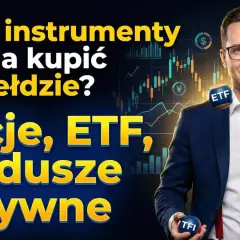 Mężczyzna żongluje piłkami z napisami ETF i TFI. Na tle wykresy giełdowe, sugerujące inwestycje na giełdach.