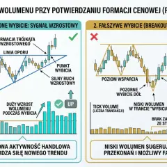 Analiza wolumenu na rynkach światowych: potwierdzone wybicie z formacji trójkąta wzrostowego vs fałszywe wybicie.