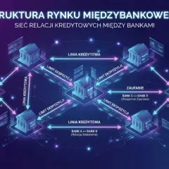 Schemat struktury rynku międzybankowego, pokazujący relacje kredytowe, limity ekspozycji i zaufanie między bankami.