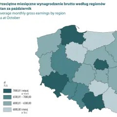Mapa Polski z zaznaczonymi regionami, pokazująca percentyle zarobków w Polsce. Najwyższe zarobki (powyżej 7000 zł) w ciemnozielonych regionach.