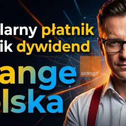 Regularny płatnik dywidend Orange Polska. Mężczyzna w okularach i czerwonych szelkach na tle masztów telekomunikacyjnych.