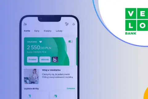 Aplikacja mobilna VeloBanku z saldem 2550 PLN. Widok konta, przelewu i historii.
