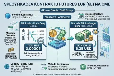 Specyfikacja kontraktu futures EUR (6E) na CME: kluczowe parametry, minimalny ruch ceny (tick size) 0,00005 i wartość minimalnego ruchu (tick value) 6,25 USD. To ważny kalendarz makro dla inwestorów.