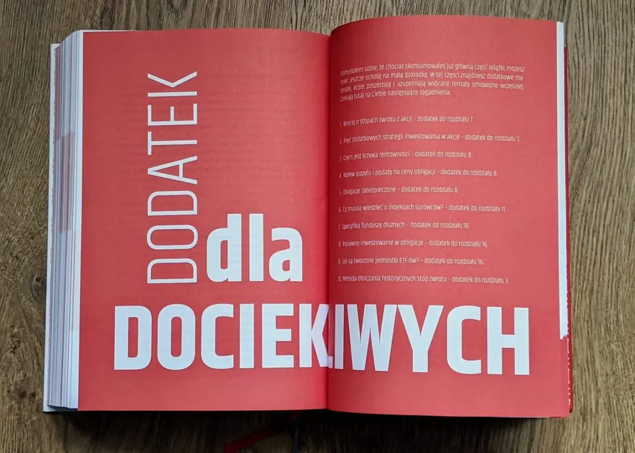 Dodatek dla dociekliwych. Spis treści książki o inwestowaniu, zawierający rozdziały o akcjach, obligacjach, surowcach i funduszach ETF.