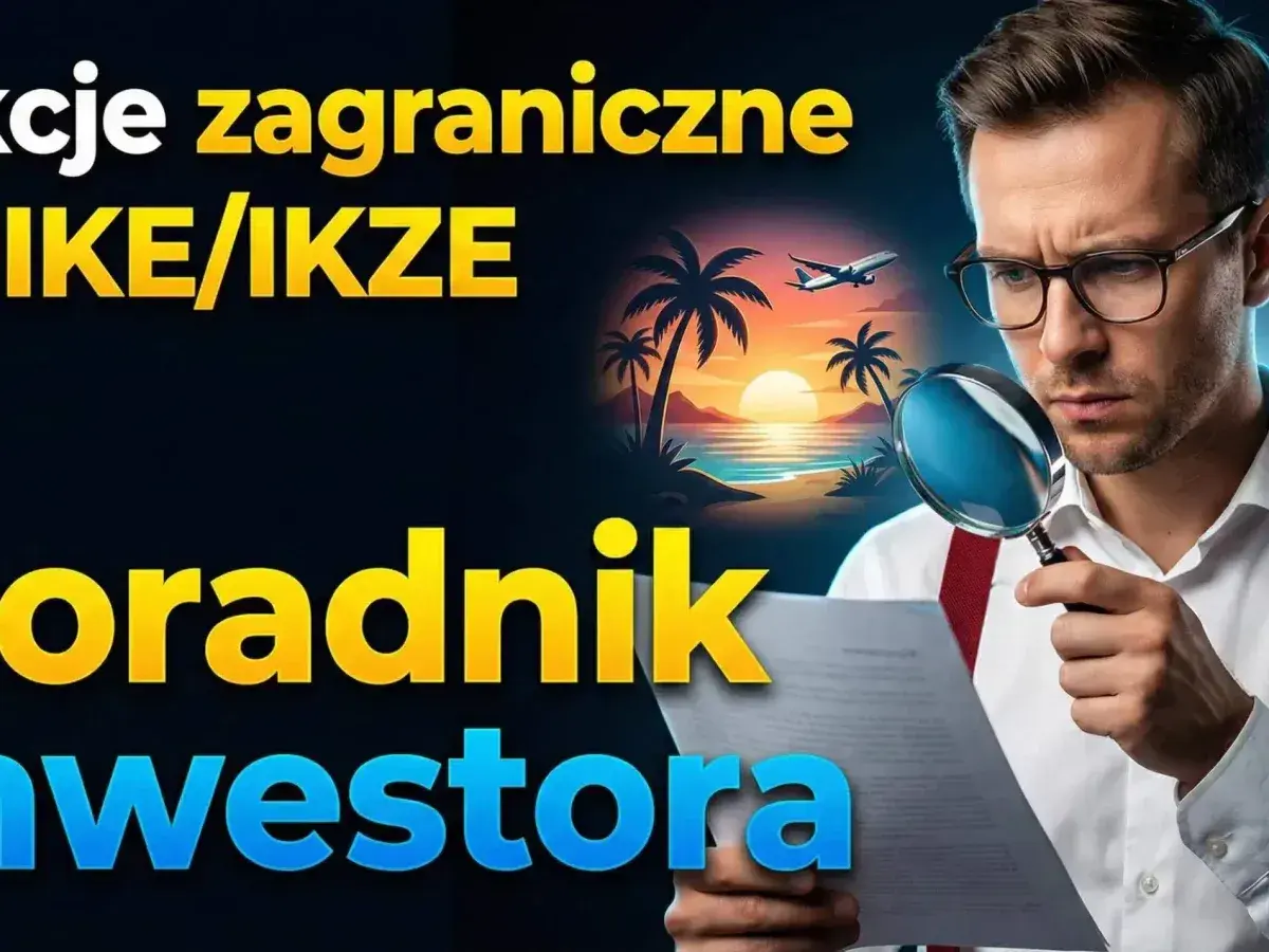 Doradca inwestora analizuje dokumenty, rozważając likwidację IKZE przed terminem. W tle tropikalna plaża i samolot.
