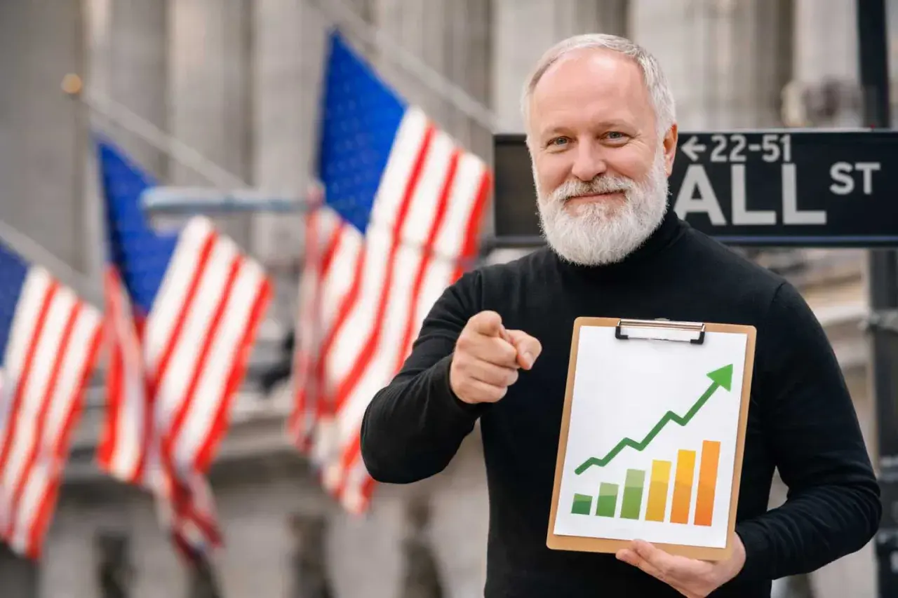 Starszy pan z Wall Street pokazuje wykres wzrostu, zachęcając do inwestowania dla początkujących.