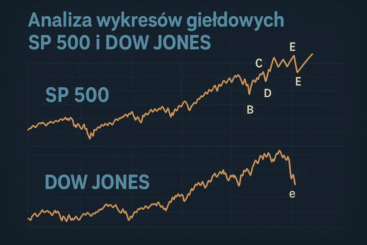 Giełda amerykańska prognozy: wykresy SP 500 i Dow Jones pokazują zmienność. Analiza punktów B, C, D, E i e.