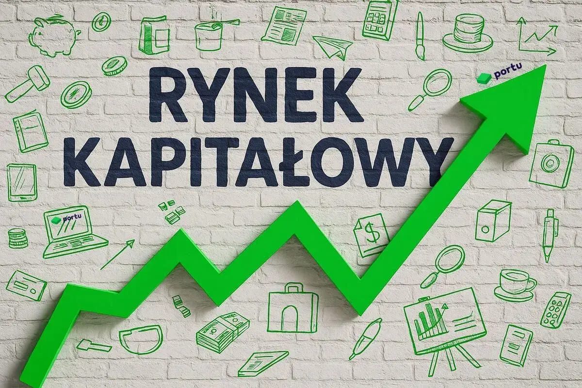 Zielona strzałka rosnąca na tle ceglanego muru z rysunkami symbolizującymi rynek kapitałowy: pieniądze, wykresy, laptop.