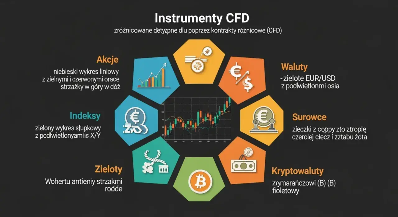 Instrumenty CFD, które z instrumentów finansowych korzysta z dźwigni finansowej: akcje, waluty, surowce, kryptowaluty, indeksy, zieloty.