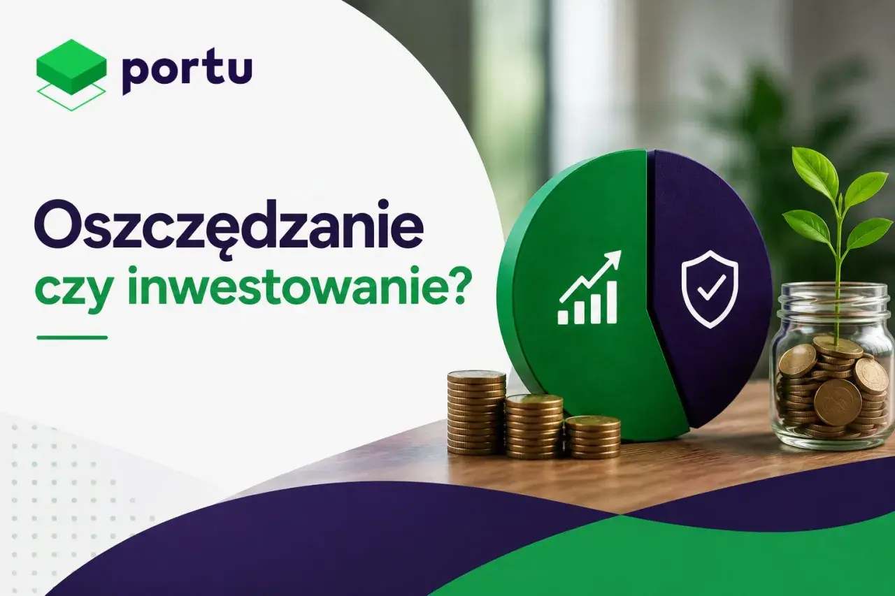 Oszczędzanie czy inwestowanie? Grafika z monetami, rosnącą rośliną i symbolem wzrostu vs. tarcza. Wybierz mądrze swoją ścieżkę finansową.