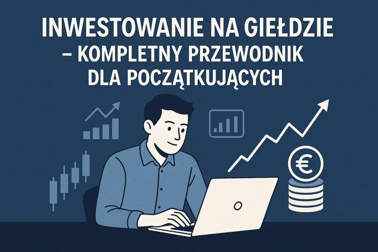 Ilustracja pokazuje, jak inwestować na giełdzie. Mężczyzna przy laptopie, wykresy wzrostu, świece japońskie i monety euro symbolizują naukę inwestowania.