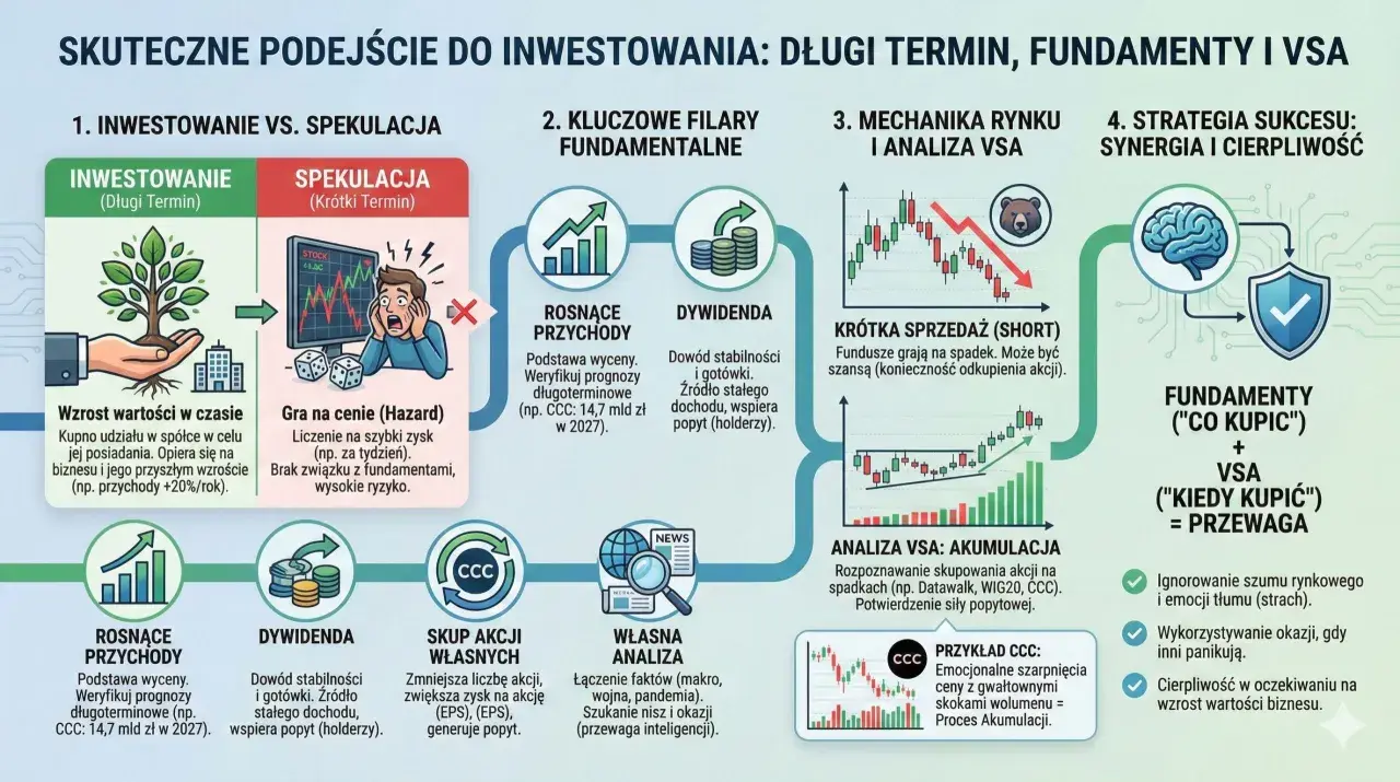 Analiza VSA: Akumulacja to rozpoznawanie skupowania akcji na spadkach, np. CCC. Potwierdzenie siły popytowej.