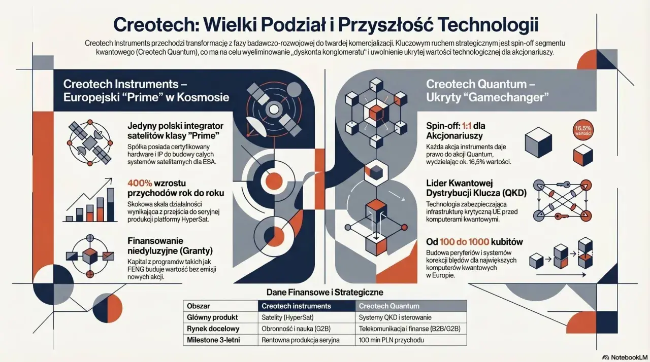 Creotech: podział na Instruments (satelity) i Quantum (QKD, komputery kwantowe). Spin-off Quantum ma uwolnić ukrytą wartość technologiczną, w tym wse: cri.