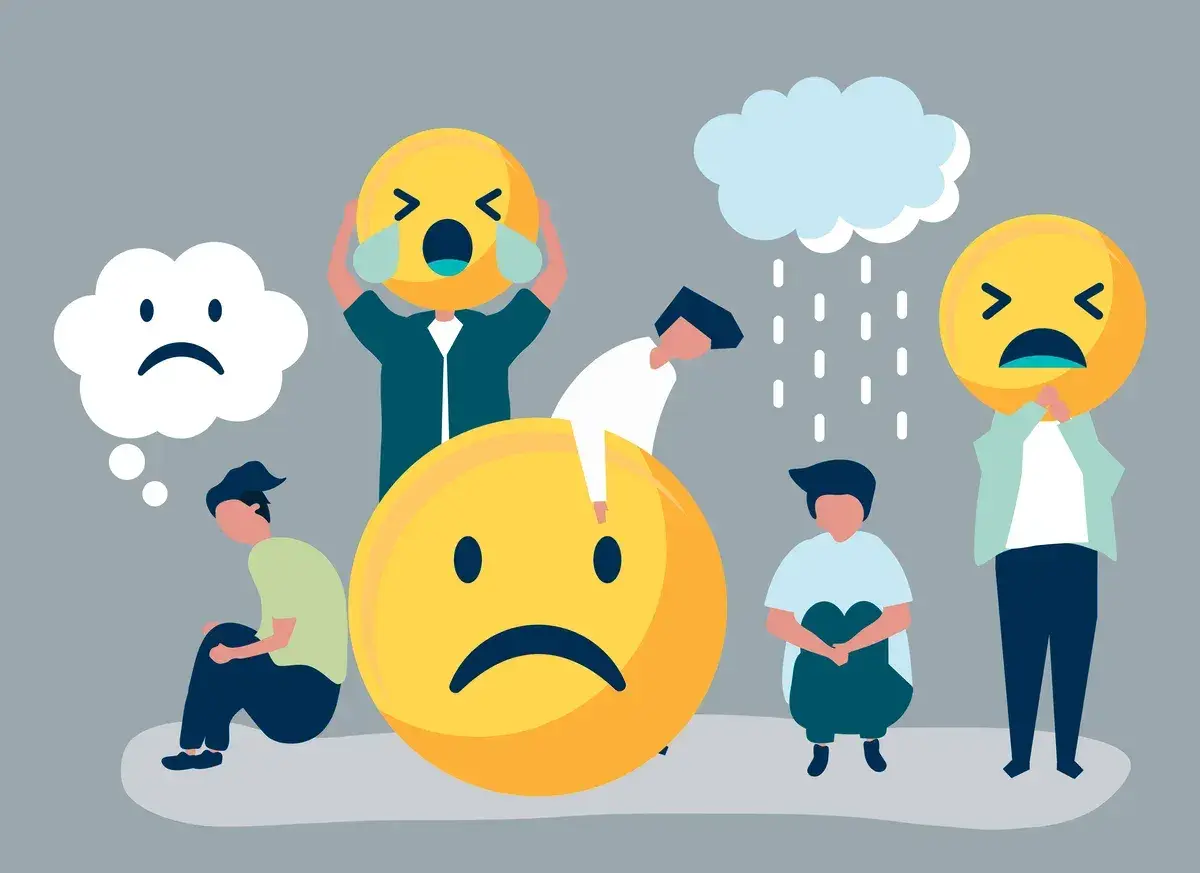Ludzie z wielkimi, smutnymi emotikonami symbolizują trudności w kontroli emocji. Deszcz i chmury podkreślają przygnębienie.