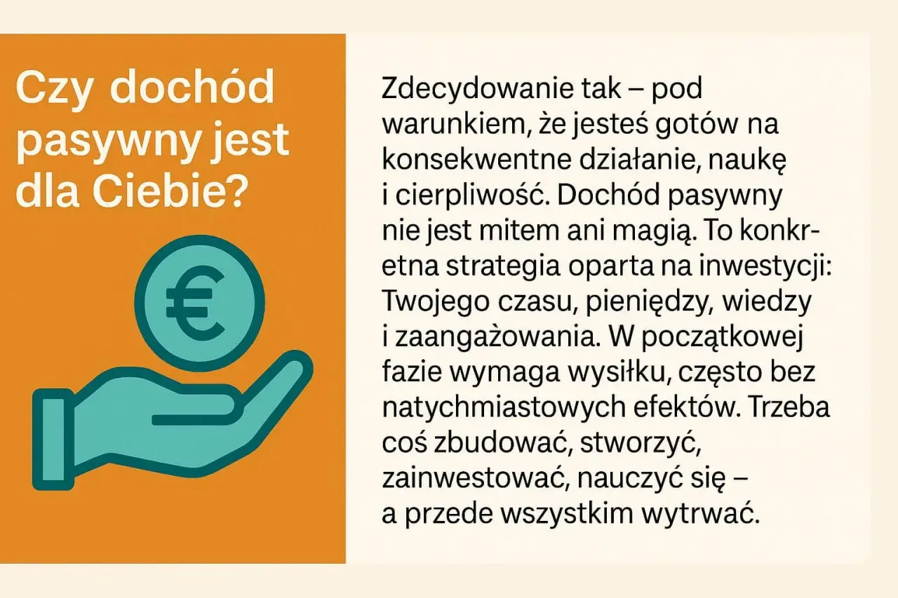 Chcesz wiedzieć, jak zacząć dochód pasywny? Grafika pokazuje rękę trzymającą monetę z symbolem euro, sugerując inwestycje i zarabianie.