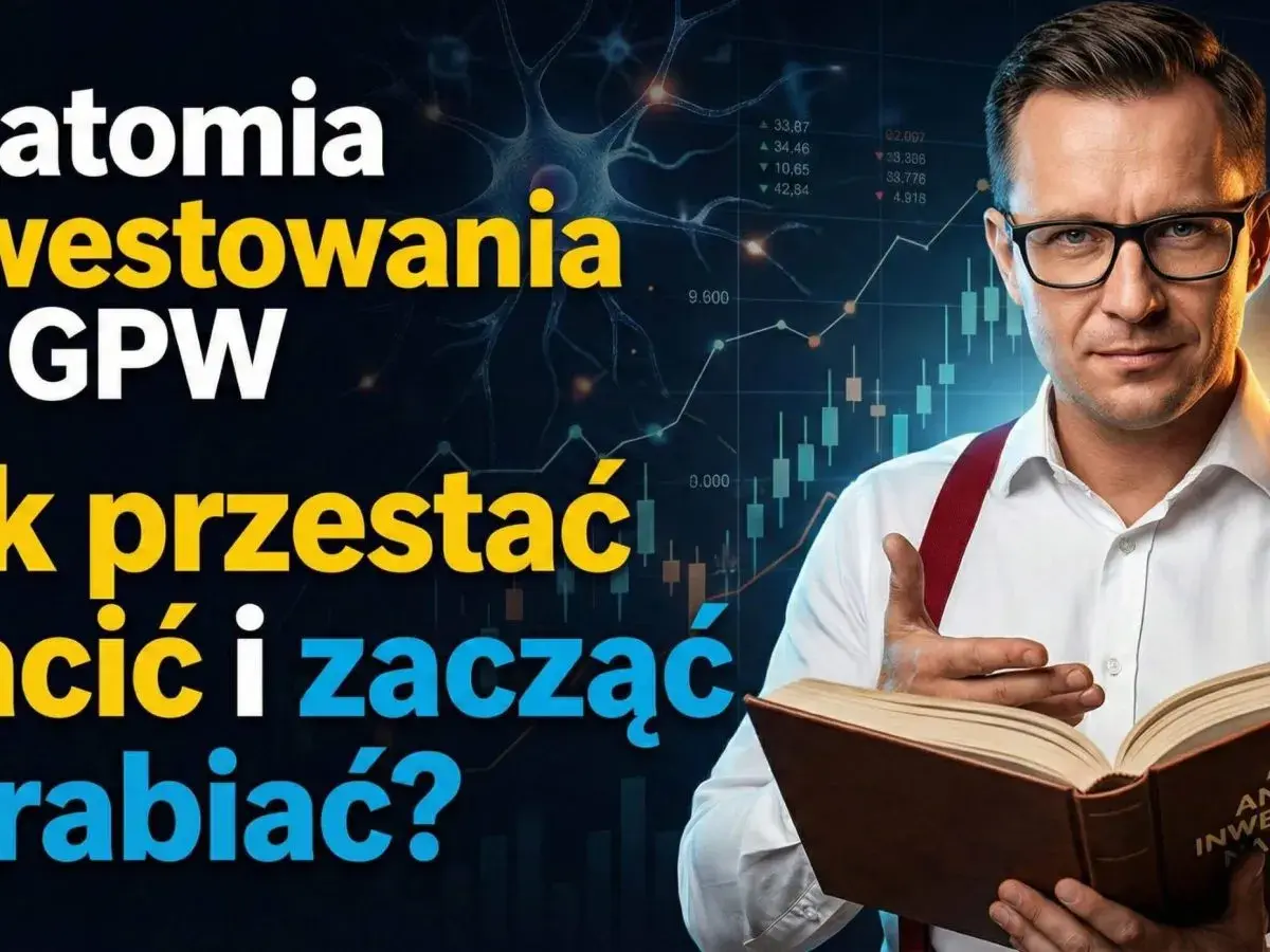 Anatomia inwestowania na GPW: jak przestać tracić i zacząć zarabiać? Mężczyzna z książką na tle wykresów giełdowych.