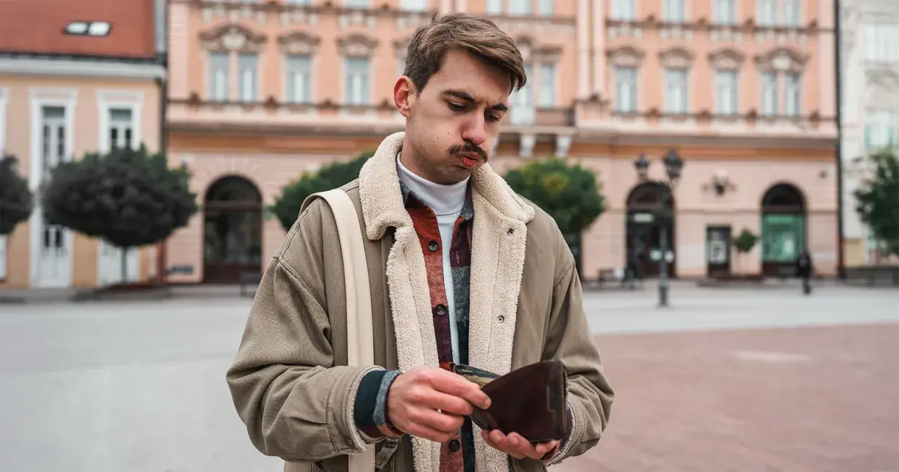 Młody mężczyzna z pustym portfelem w ręku, smutny wyraz twarzy. Inflacja stylu życia dotyka każdego.