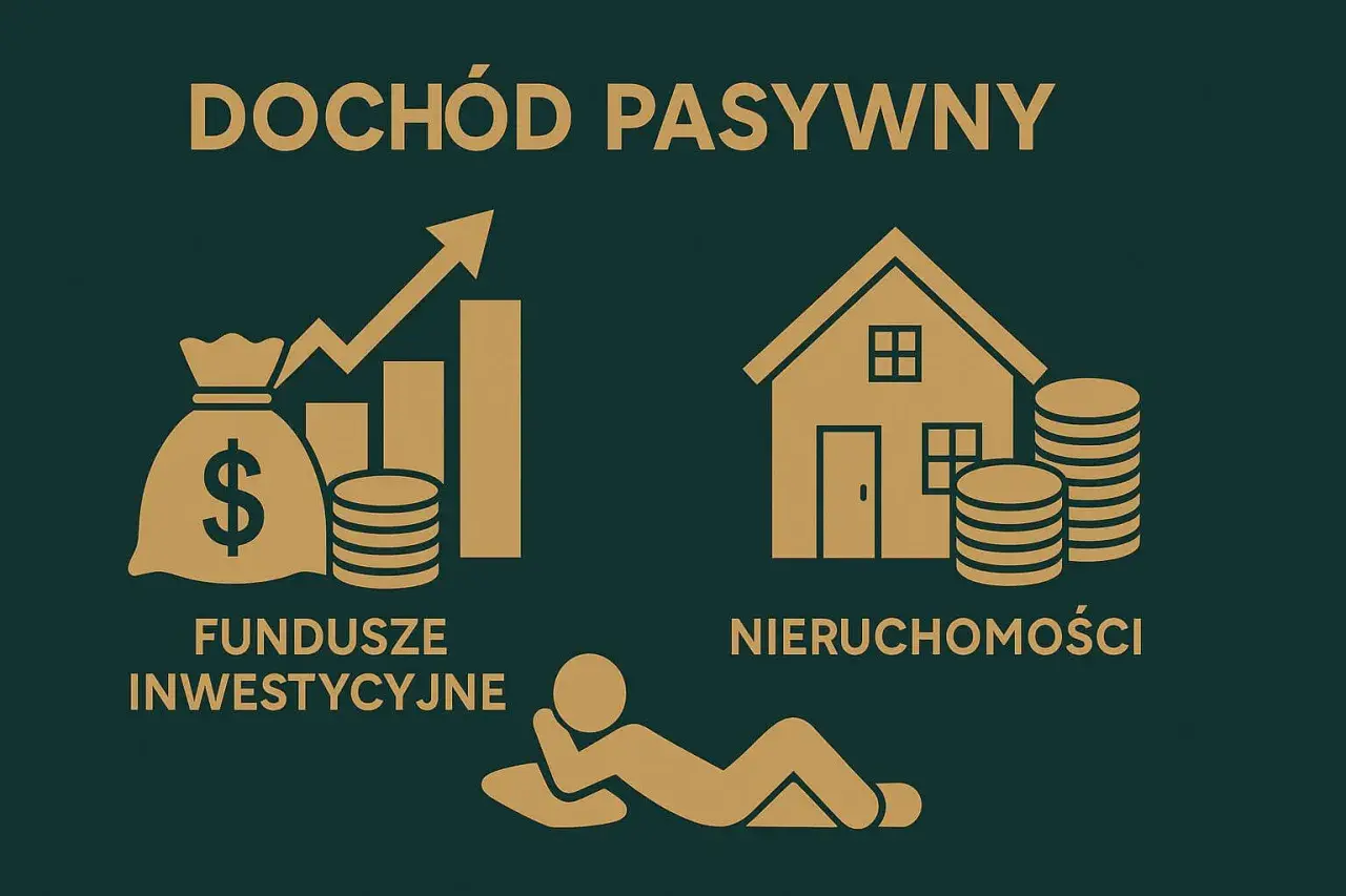 Grafika przedstawia sposoby na przychód pasywny: fundusze inwestycyjne i nieruchomości. W tle leżąca postać symbolizuje relaks.