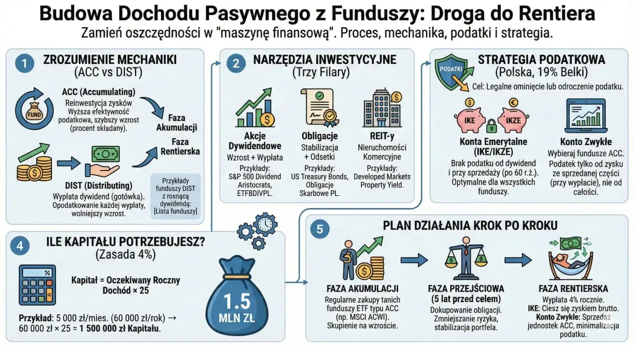 Schemat budowy dochodu pasywnego: mechanika ACC/DIST, narzędzia inwestycyjne (filary), strategia podatkowa (IKE/IKZE), kapitał i plan działania.