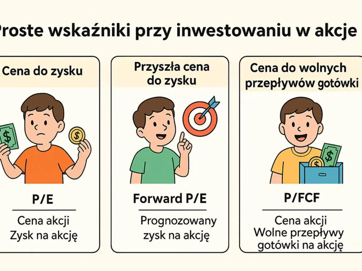 Ilustracja pokazuje wskaźniki inwestycyjne: P/E, Forward P/E i P/FCF. Dzieci trzymają pieniądze, symbolizując pkc, pcr, peg.