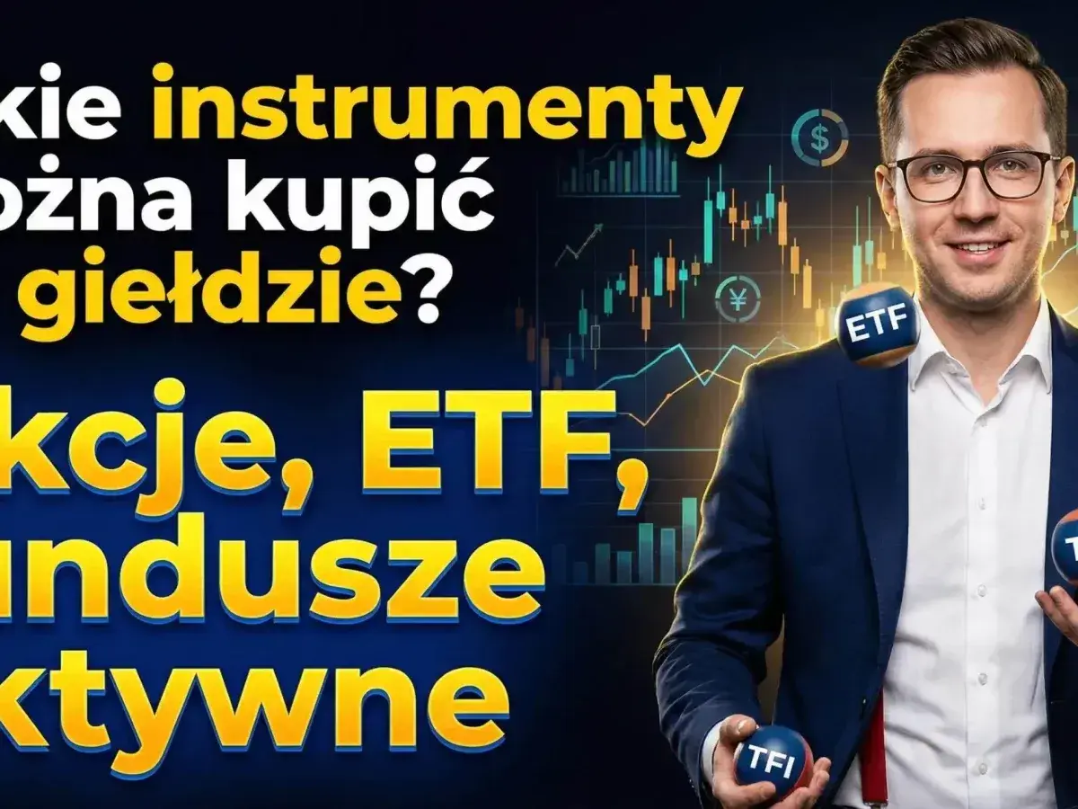 Mężczyzna żongluje piłkami z napisami ETF i TFI. Na tle wykresy giełdowe, sugerujące inwestycje na giełdach.