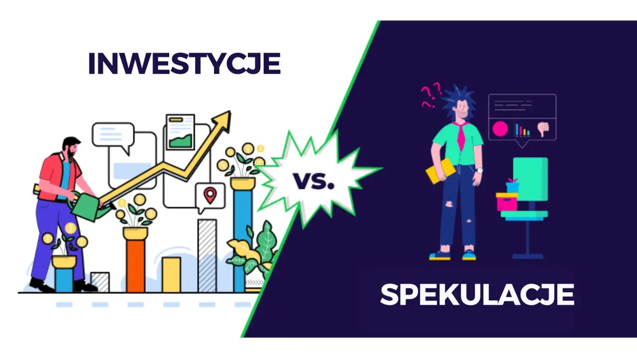 Inwestycje vs. spekulacje: człowiek podlewa rosnące pieniądze, a obok stoi zagubiony spekulant z wątpliwościami.