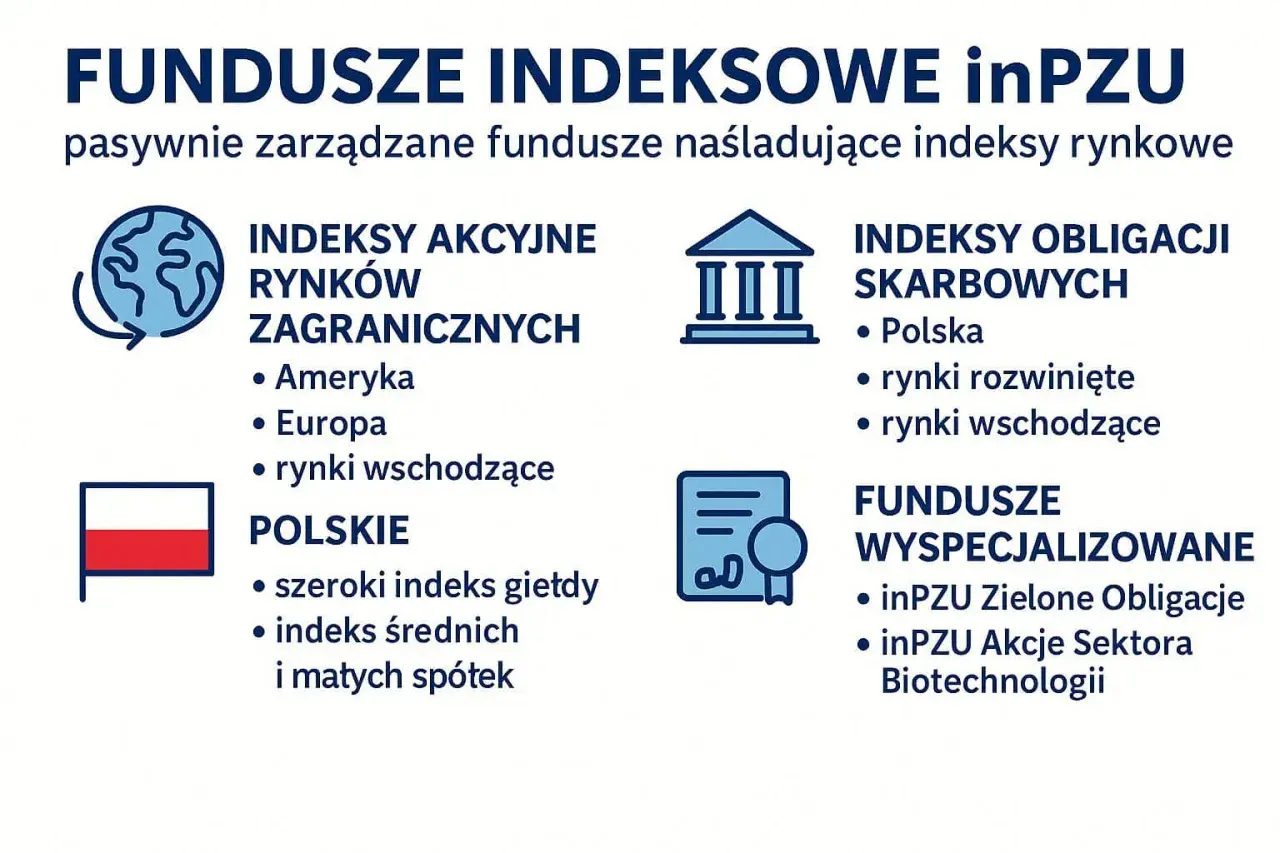 Fundusze indeksowe inPZU: akcyjne rynków zagranicznych, polskie, obligacji skarbowych i wyspecjalizowane.